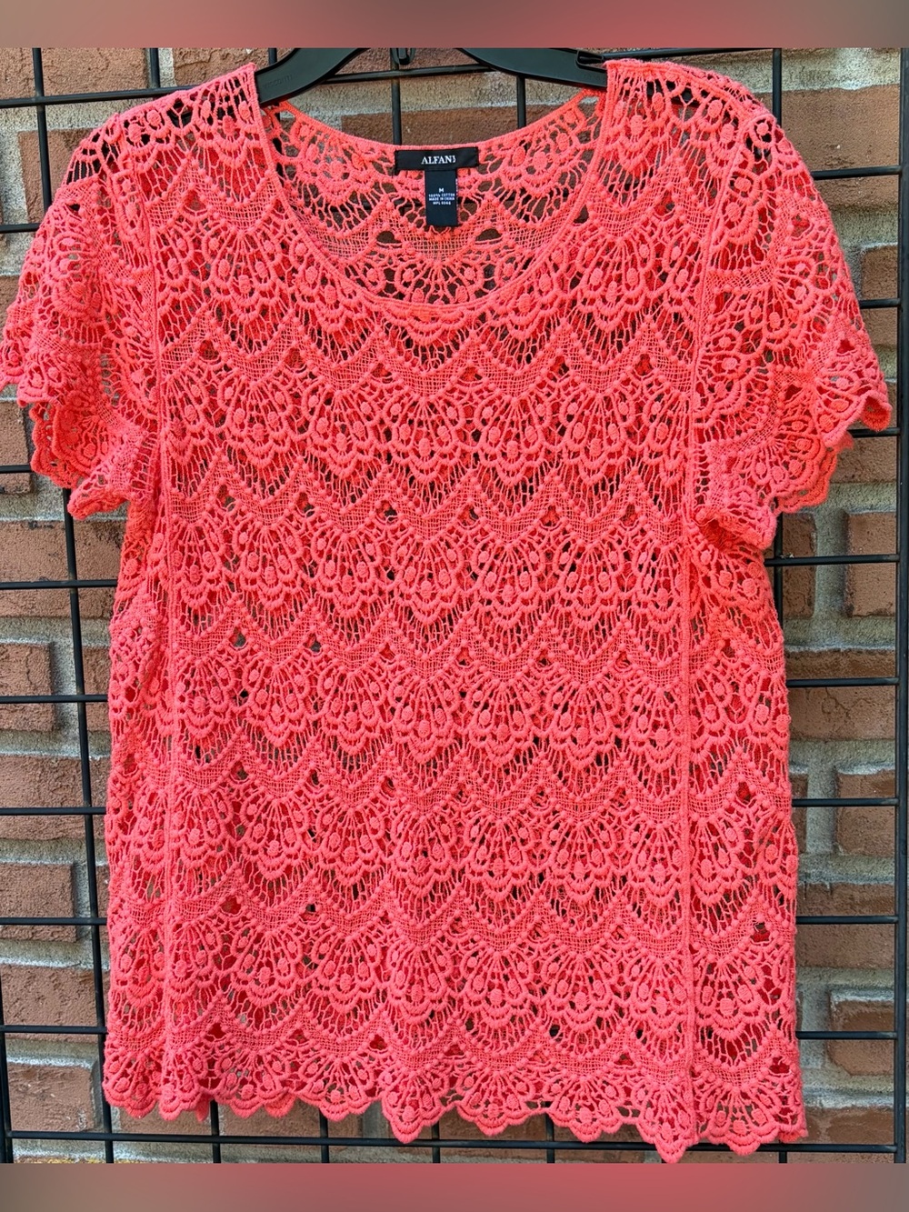 Alfani Coral Openwork Crochet Short-Sleeve Top